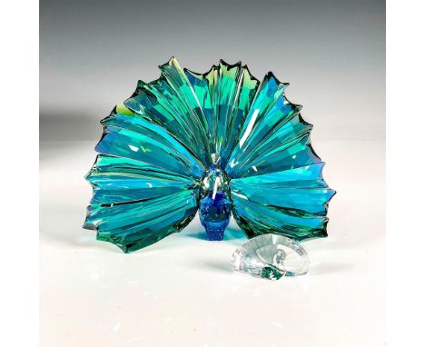 Multifaceted blue and green crystal limited edition. Swarovski etched backstamp. Includes clear crystal renewal peacock plaqu