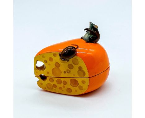 An adorable hand painted hinged covered box carved as a wedge of Swiss chess with two mice on top. Kapuna handwritten on the 