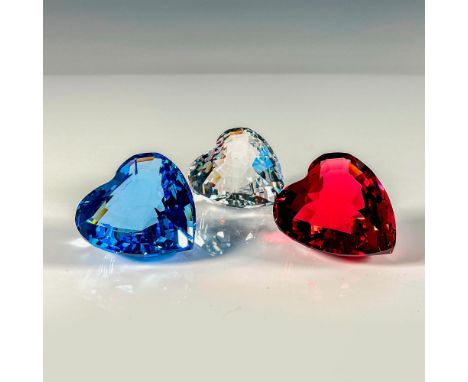 This crystal grouping includes red, blue, and clear faceted hearts. This item has its box, the largest measures 6"L x 4"W x 1