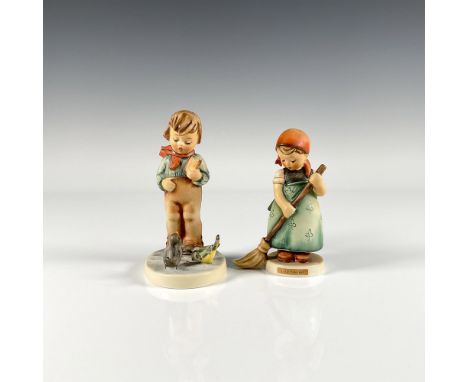 Set of two vintage figures titled Bird Watcher and Little Sweeper. Hand painted in matte finish. Goebel backstamp. Tallest me