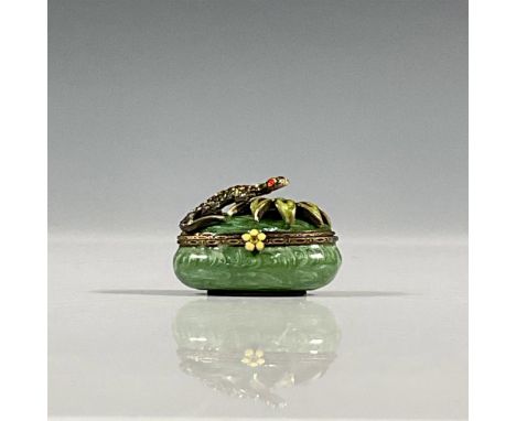 Charming contemporary miniature box with turquoise enameled exterior and interior. Features a cute little salamander on a lea