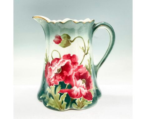 Glazed porcelain pitcher in teal with red and pink poppy flowers design; gold rim and accents. K &amp; G Luneville France bac