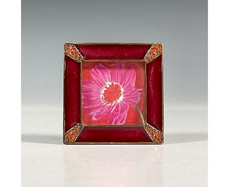 A small, classic fuchsia frame, hand enameled and set with Swarovski crystals in each pave corner. The back features a hand-e