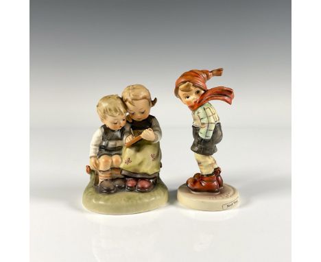 Charming hand painted vintage Goebel figures titled March Winds and Little Sister. German porcelain figures depicting village