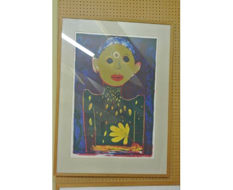 A signed coloured limited edition print by Carmel Benson showing a half length study of a character holding a leaf, signed bo