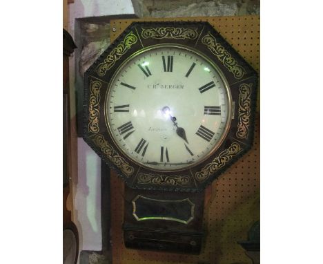 A Regency mahogany and brass inlaid drop dial wall clock, the 32cm dial of convex form, set within an octagonal framework, en