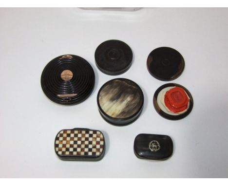 A Georgian tortoiseshell and gold mounted snuff box of circular compressed form with reeded detail and five other boxes (6)