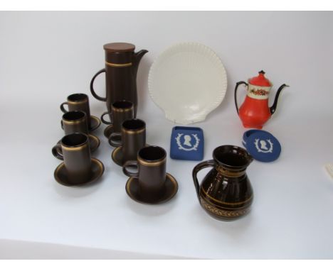 A collection of Purbeck Pottery brown glazed coffee wares comprising coffee pot, six mugs and six saucers together with a Vic