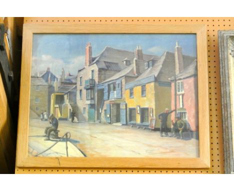 A 20th century coloured print after Herbert Truman showing a harbour scene at St Ives with Laity's picture seller, various ma