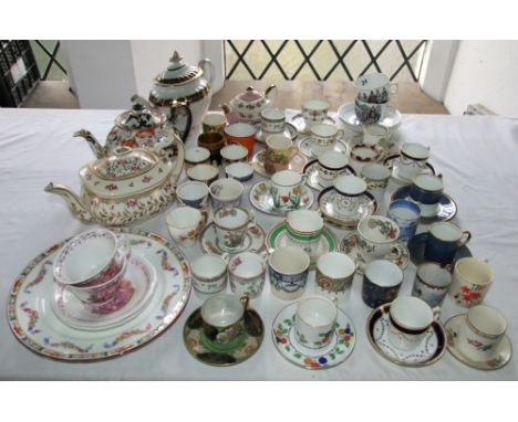 A collection of 19th century and later tea and coffee wares including an early 19th century Davenport teapot with pink painte