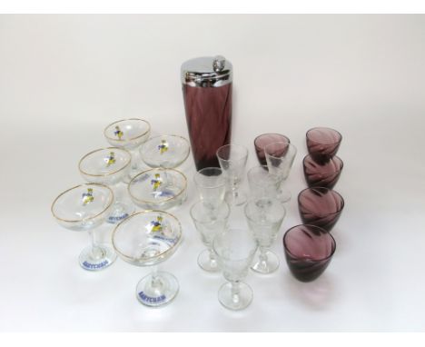 A collection of Babycham drinking glasses together with a 20th century wrythen moulded amethyst glass cocktail shaker, furthe