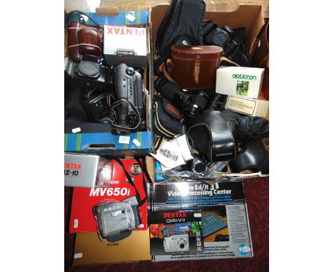 A large collection of vintage photographic equipment and accessories to include various cased cameras by Chinon, Pentax, etc,