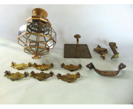 A reproduction ceiling lantern, the gilt metal framework accommodating clear glass panels, 32 cm tall approx together with br
