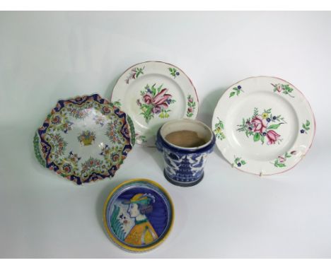 A collection of continental tin glazed earthenwares including a cachepot with blue and white chinoiserie type painted decorat