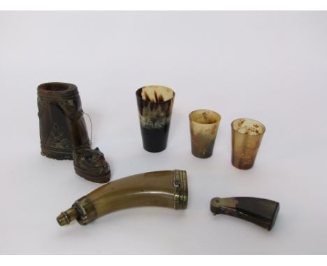 A Georgian horn and brass mounted powder or shot flask, horn beakers, etc (5)