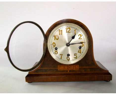 A 1930s top hat three train mantle clock, the case with marquetry detail (with keys and pendulum)