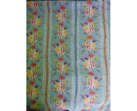Two pairs of decorative 1950s curtains, the pale blue ground interspersed with stylised foliate decoration