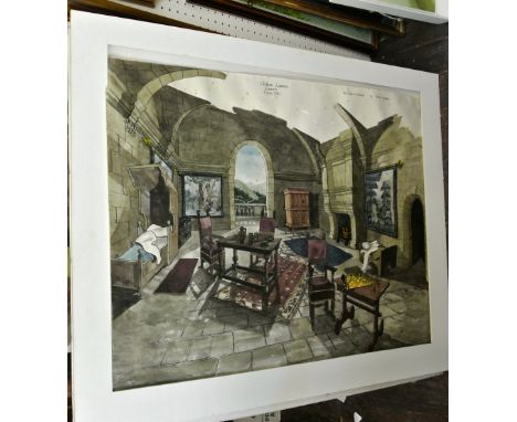 An interesting collection of pictures including a gouache study of a chateau interior scene inscribed Chateau Lamorre - The D