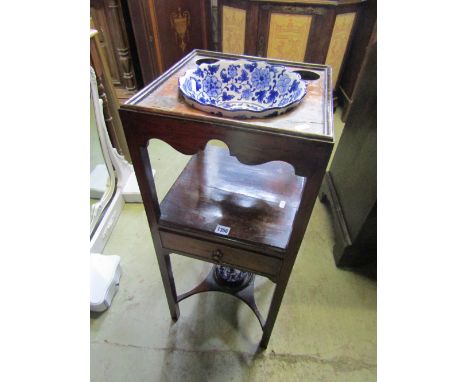 A Georgian mahogany three tier washstand of square cut form with cut out receptacles and central frieze drawer, plus a later 