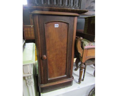 A Victorian mahogany pot cupboard enclosed by a moulded arched panelled door, a good quality Edwardian inlaid rosewood piano 