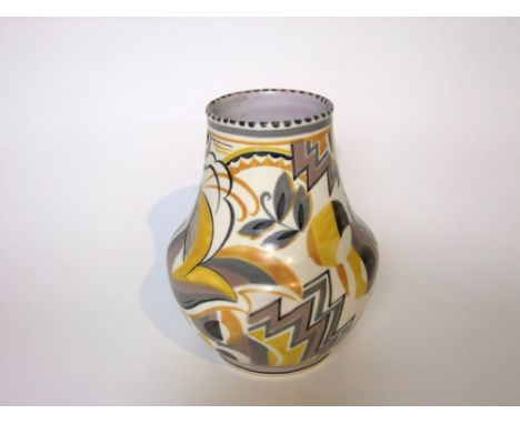 A Poole Pottery Art Deco vase with painted geometric and botanical decoration in tones of grey, yellow and black, Pattern No 