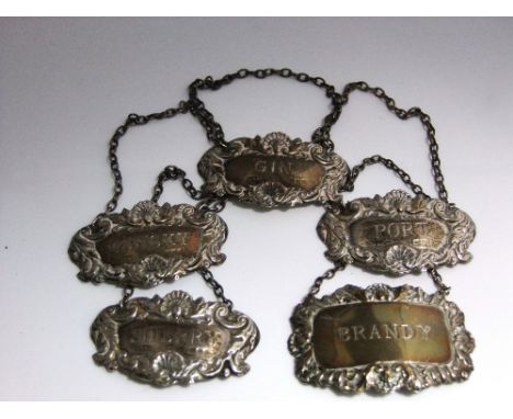 Five silver decanter labels, Gin, Whisky, Brandy, Sherry and Port, various dates, late 20th century