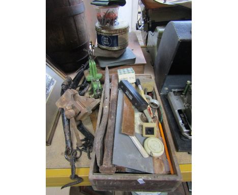 A pair of cast iron hames with brass finials, sundry bridle and tack together with a small quantity of tools to include two s