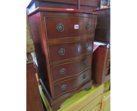 A small Georgian style mahogany veneered chest, the serpentine front fitted with four long drawers raised on bracket shaped s