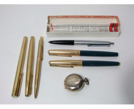 A Parker Falcon 50 FP fountain pen with gold plated case work, and four other vintage Parker pens, together with a Montblanc 