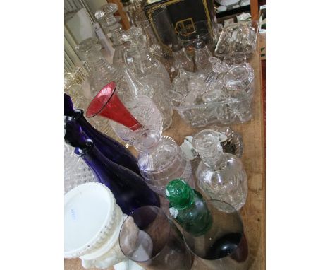 A miscellaneous collection of glasswares to include various Victorian and later clear cut glass decanters, a single good qual