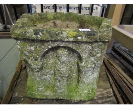 A weathered five sided planter the frieze with architectural columns flanking figures in archways, 32 cm high x 48 cm approx 
