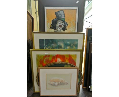 A 20th century oil painting on canvas of a clown, signed bottom left U Alund, 90 x 30 cm approx in wooden frame with cream co