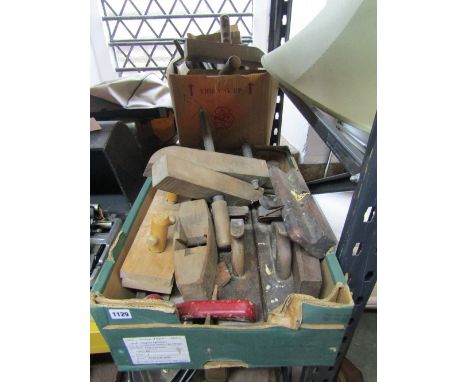 Two boxes containig a quantity of vintage carpentry related tools to include mainly a selection of planes, wooden clamps, etc