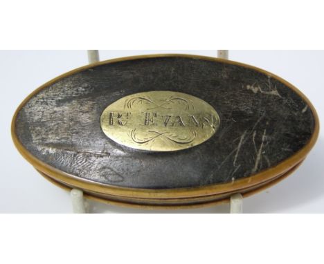 An early 19th century hornwork snuff box, oval in form, engraved R T Evans