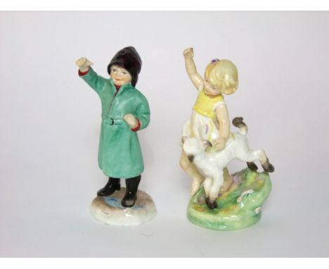 Two Royal Worcester figures modelled by F G Doughty - February, in the form of a child in a green mackintosh, with black prin