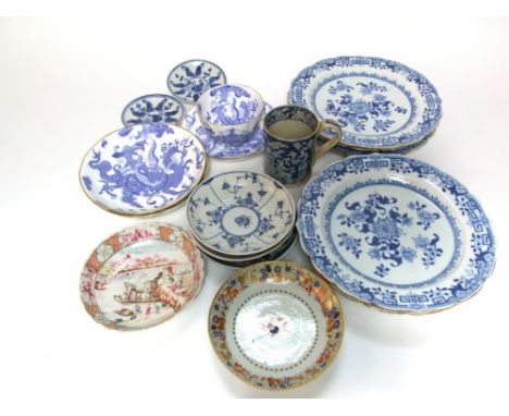 A collection of 19th century blue and white ceramics including a set of six dessert plates with chinoiserie style decoration 