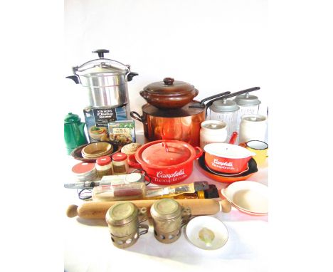 A collection of antique and vintage kitchenalia to include a large lined copper saucepan with cover, a pressure cooker, sever