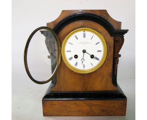 A Victorian walnut mantle clock, the case with ebonised banding, with 8 day striking movement, Bethel Jacobs of Hill, key and