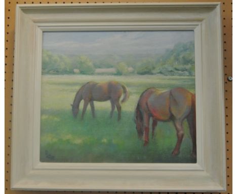 A 20th century oil painting on canvas by R E Hardy showing two horses grazing in a sunlit meadow, signed with monogramed bott