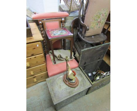 A Victorian priedieu upholstered seat and panelled back within an oak showwood frame together with a beechwood ladderback elb