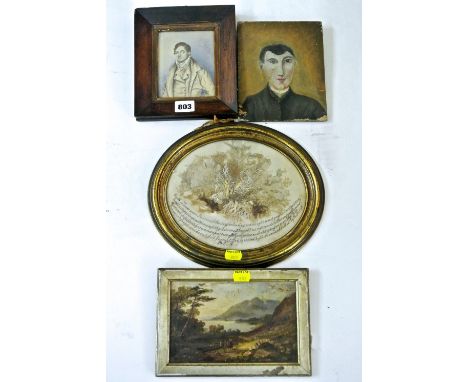 A 19th century half length portrait miniature showing a man, with old ink label verso with cryptic verse, 12 x 10cm in rosewo