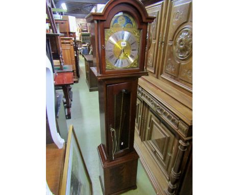 A contemporary reproduction grandmother clock, the mahogany case with arched hood enclosing a circular silvered dial with Rom