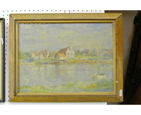 A 20th century oil painting on board of a river landscape with sailing boat, houses etc, signed bottom left R D Laxon with la