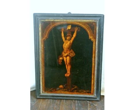 A late 18th century coloured print on glass showing a crucifixion scene with indistinct inscription verso - This Picture of o