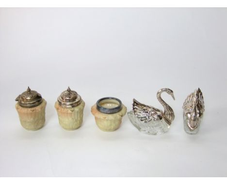 Three Locke & Co Worcester porcelain condiments with acanthus detail, all silver mounted Birmingham 1900, together with a pai