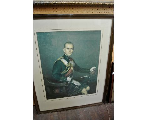 A signed coloured framed print after Leonard Boden showing a three quarter length seated study of the Duke of Edinburgh in hi