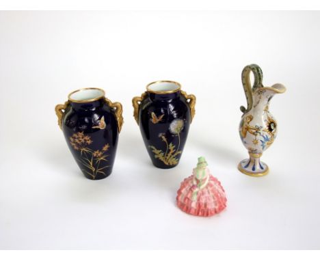 A pair of 19th century Grainger Worcester dark blue ground vases with painted and gilded butterfly, dandelion and other botan