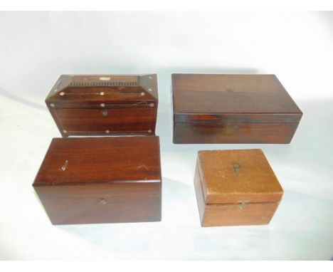 A collection of timber boxes to include a Regency rosewood veneered sarcophagus shaped tea caddy with mother of pearl and ban