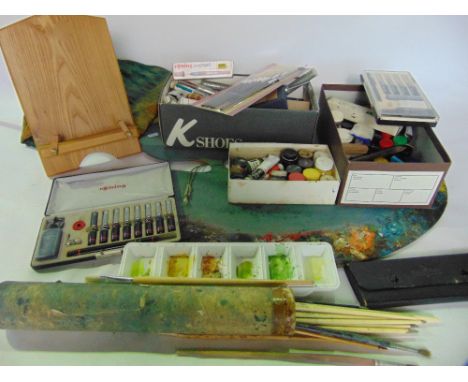 A box containing a collection of vintage and later artists equipment to include oil and other paints, a quantity of brushes, 