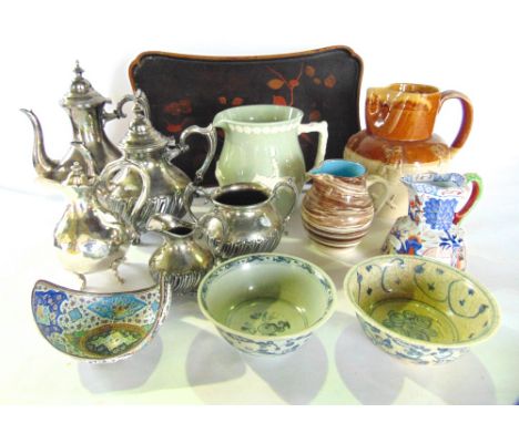 An oriental lacquered tray with songbird decoration together with a salt glazed harvest jug, other jugs to include a Davenpor